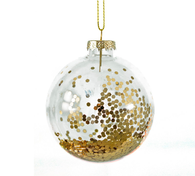 Χριστουγεννιάτικη μπάλα γυάλινη διάφανη με γκλίτερ χρυσό