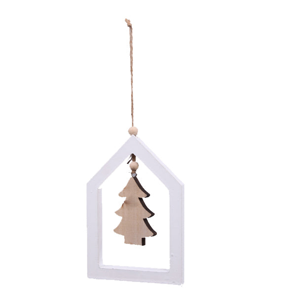 Χριστουγεννιάτικα σπιτάκια ξύλινα λευκά κρεμαστά με δεντράκι 11x16 εκ.(6 τεμάχια)