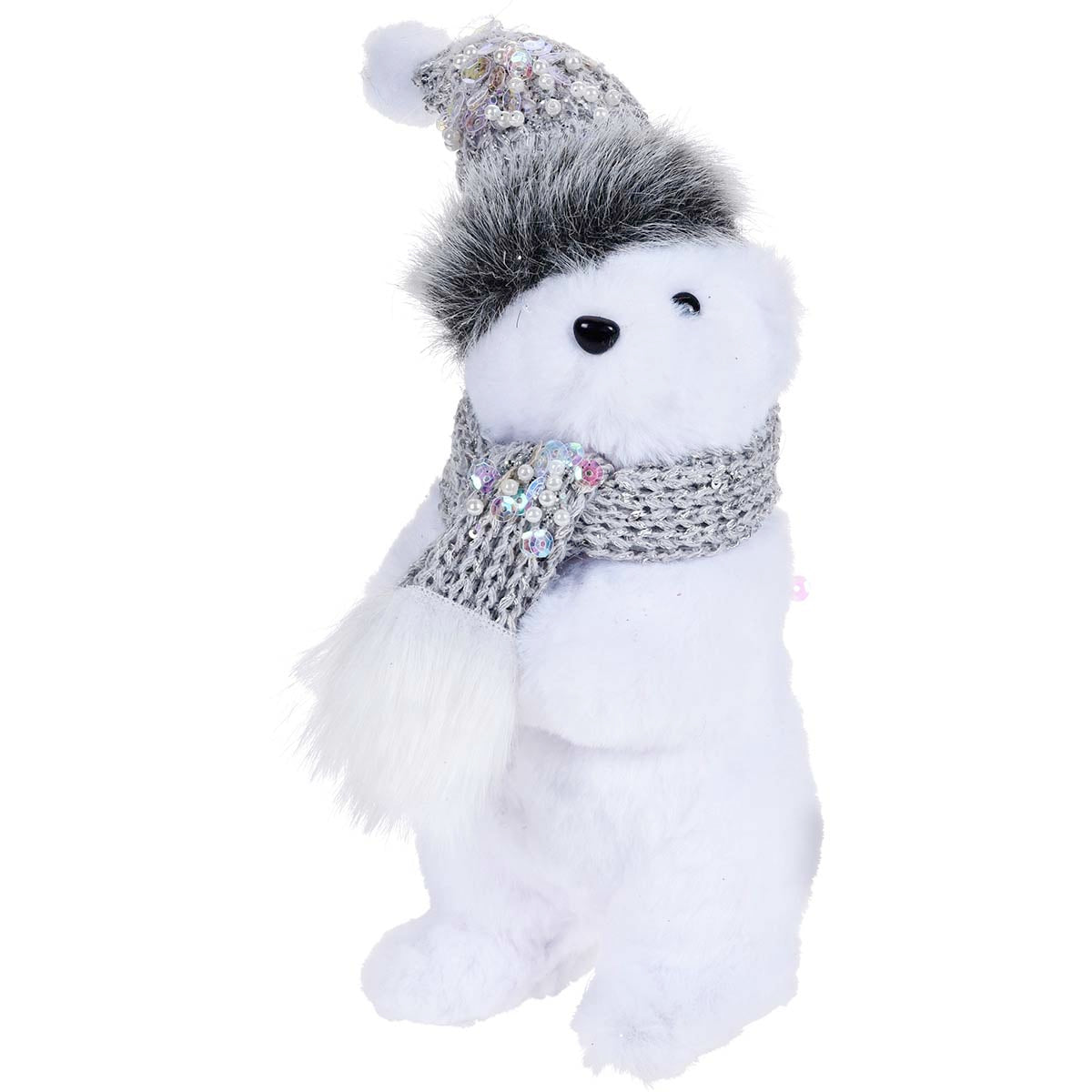 Χριστουγεννιάτικο αρκουδάκι λευκό με καπέλο και κασκόλ 12x11x24εκ.