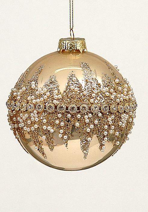 Χριστουγεννιάτικη μπάλα χρυσή με γκλίτερ και πέρλες γυάλινη 12 εκ.